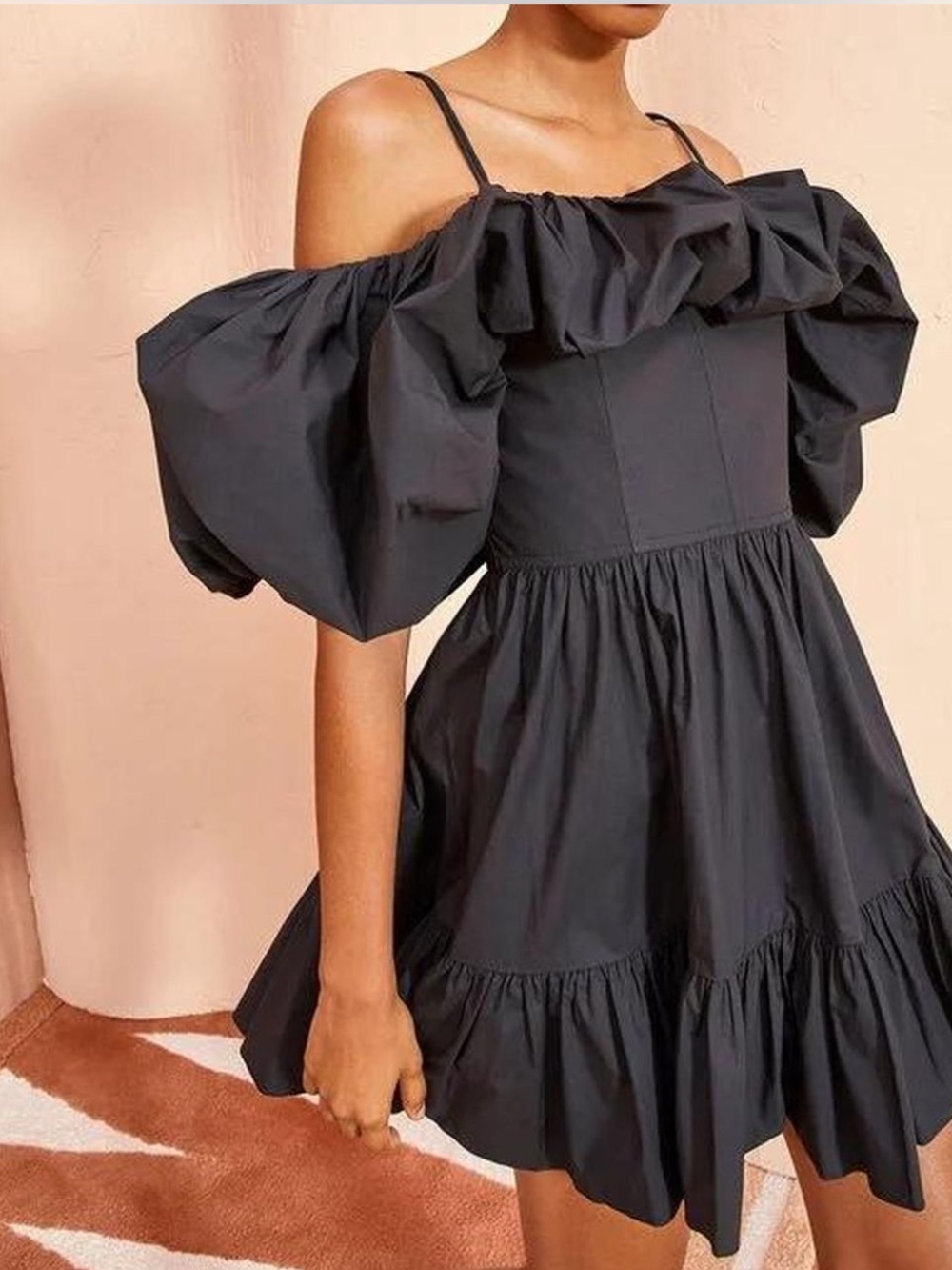 NEW Ulla Johnson Lila Off The Shoulder Cotton Poplin Ruffle Black Mini Dress, 14